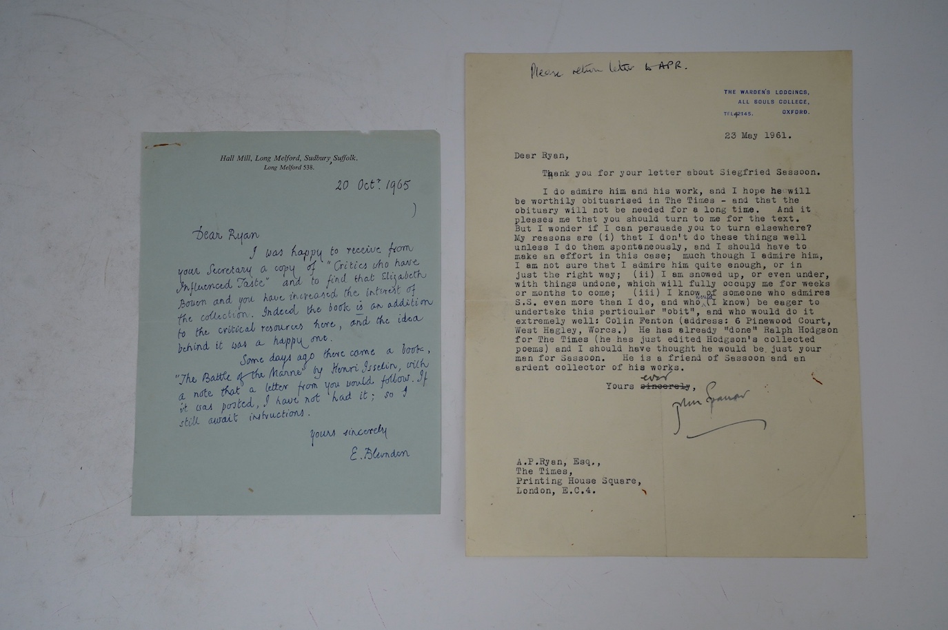 Edmund Blunden (1896-1974), English Poet, Author and Critic who, like his friend Siegfried Sassoon, wrote of his experiences during World War I in both verse and prose. A.L.S., E. Blunden, one page, 8vo